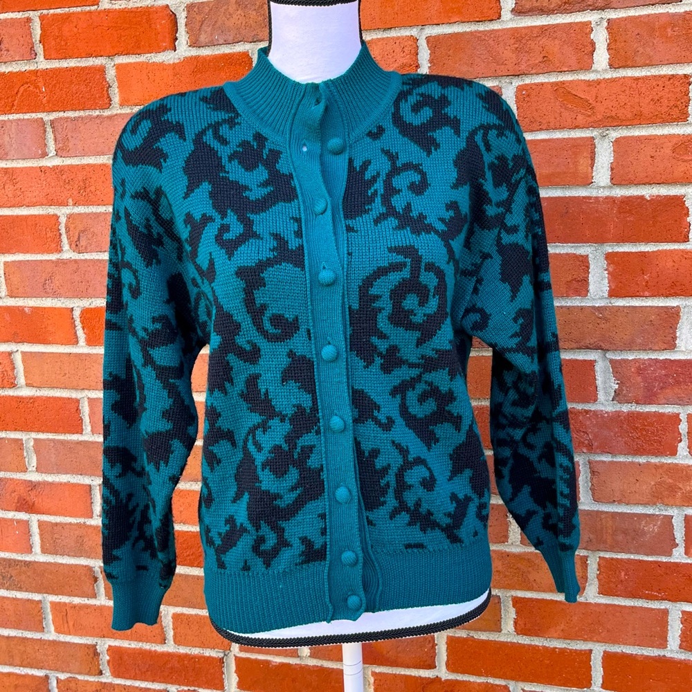 Vintage Petite Illustrations Wool Blend Teal Button Up Sweater Cardigan Small